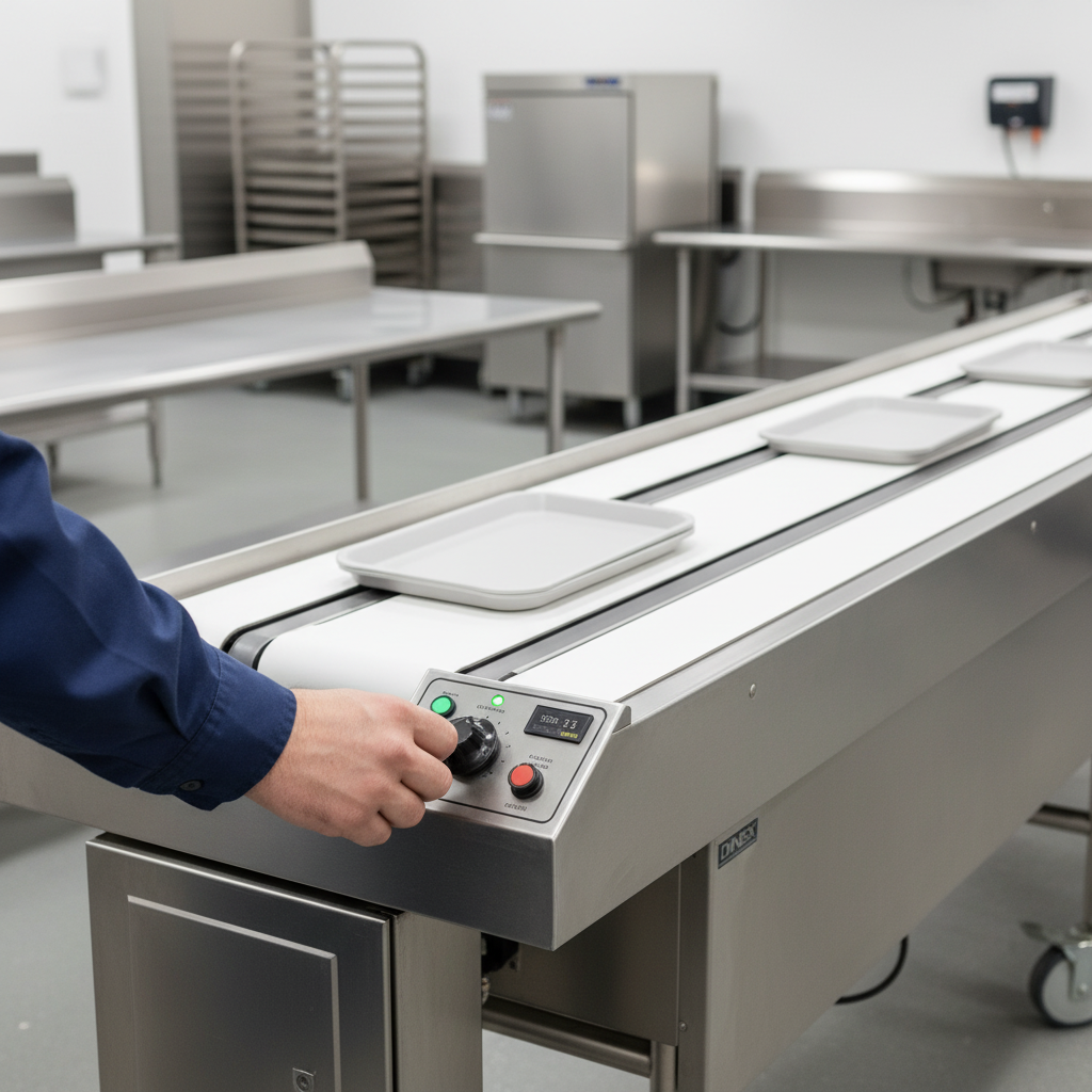An operator precisely adjusts the conveyor's variable speed control, optimizing the tray make-up line's workflow for peak efficiency.