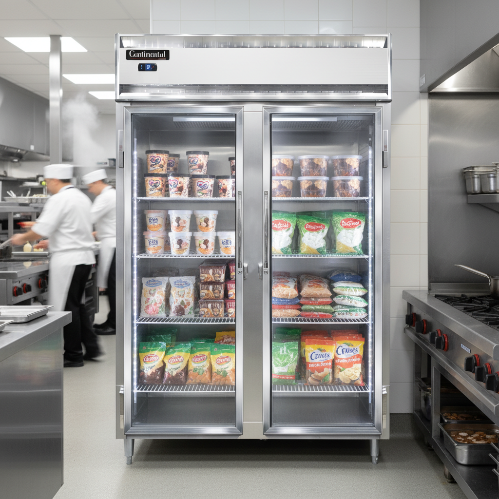 Experience effortless clarity with this freezer's automatic condensate evaporator, keeping glass doors pristine and condensation-free.