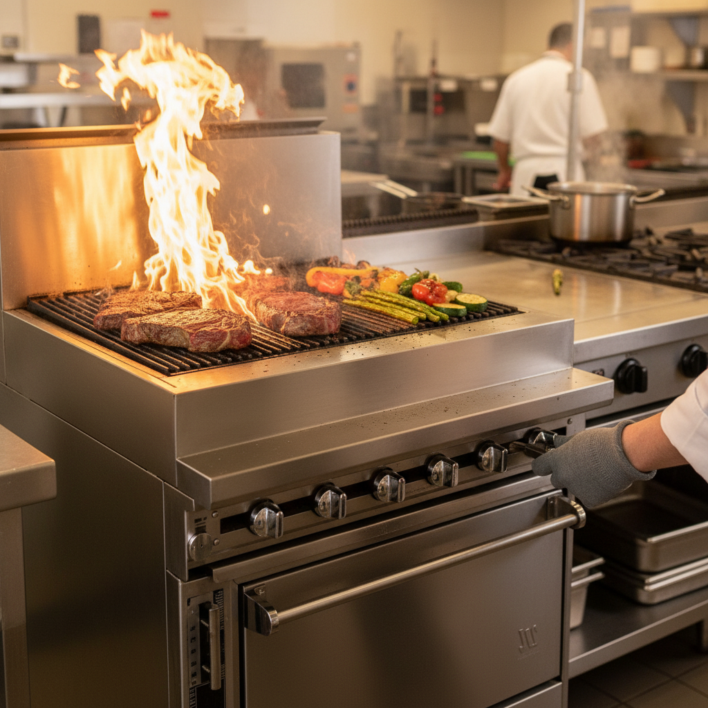 Experience precise heat management with the Jade Range Titan JTRH-36B charbroiler, featuring individual burner controls for ultimate cooking versatility.