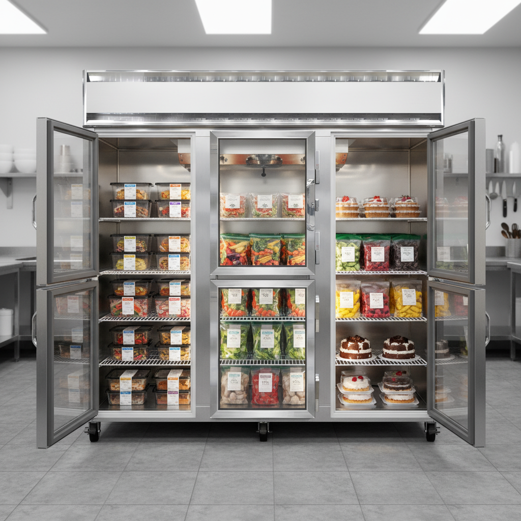 Experience expansive and organized storage with this three-section full-size glass half door display freezer, perfect for showcasing a diverse range of frozen products.