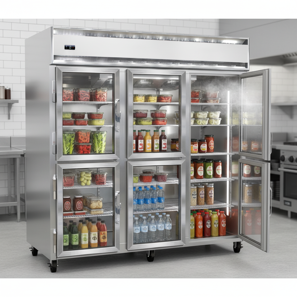 Experience maximized product visibility and reduced cold air escape with the energy-efficient narrow hinged glass half doors of this commercial display freezer.