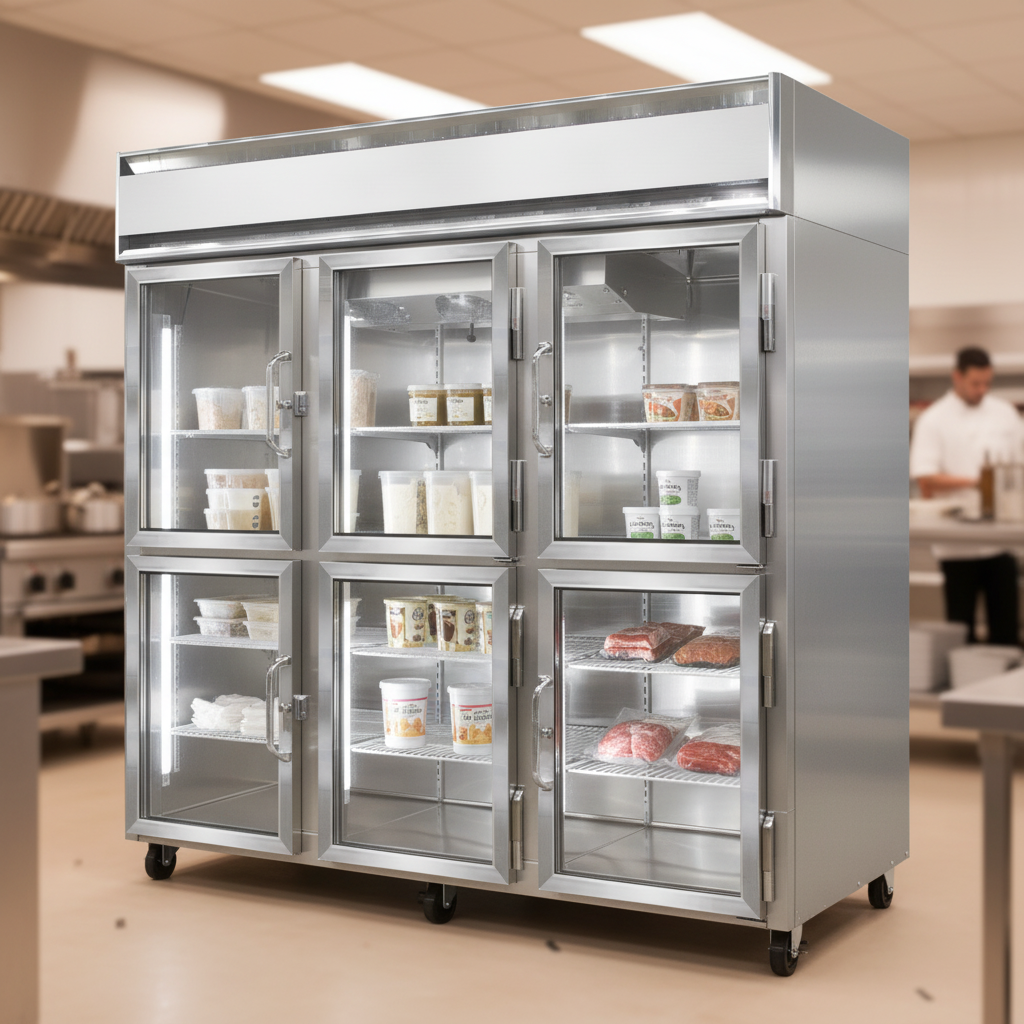 This image highlights the top-mounted, self-contained refrigeration system of the three-section display freezer, designed for easy installation and reliable performance.