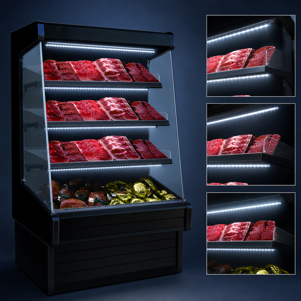 Three Rows of LED-Lighted Shelves