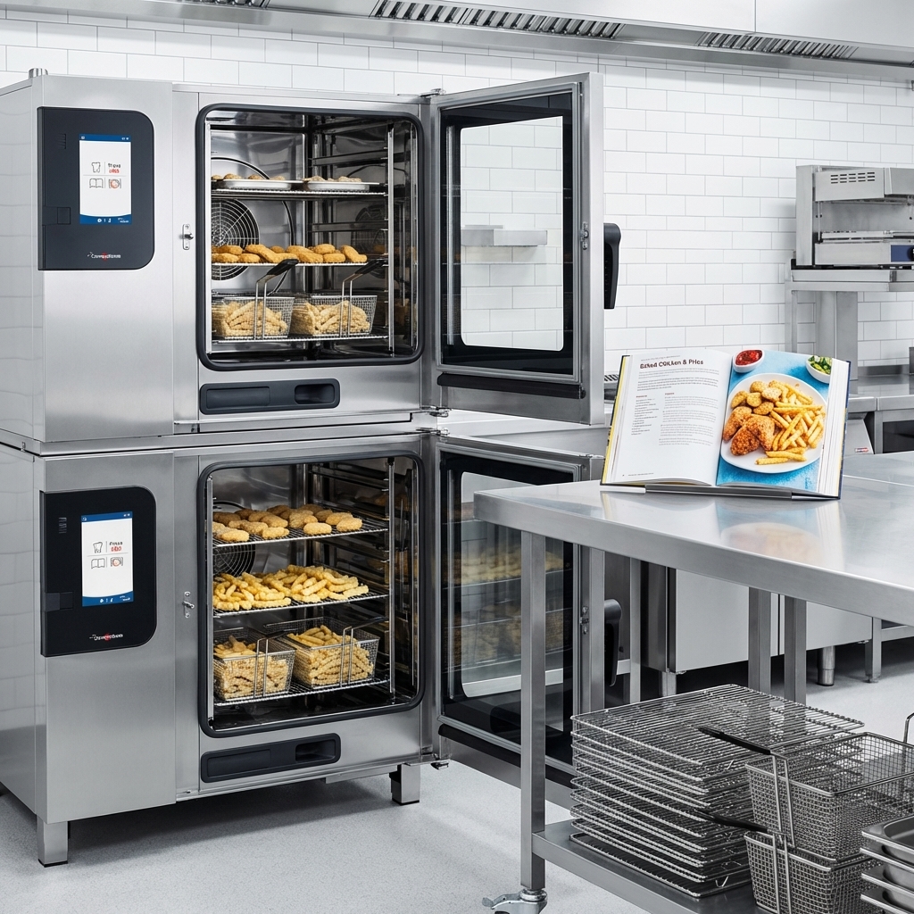 This image showcases the Convotherm Maxx Pro Combi Oven's comprehensive School Package, complete with the US cookbook, wire shelves, and fry baskets, designed for efficient K-12 food service.