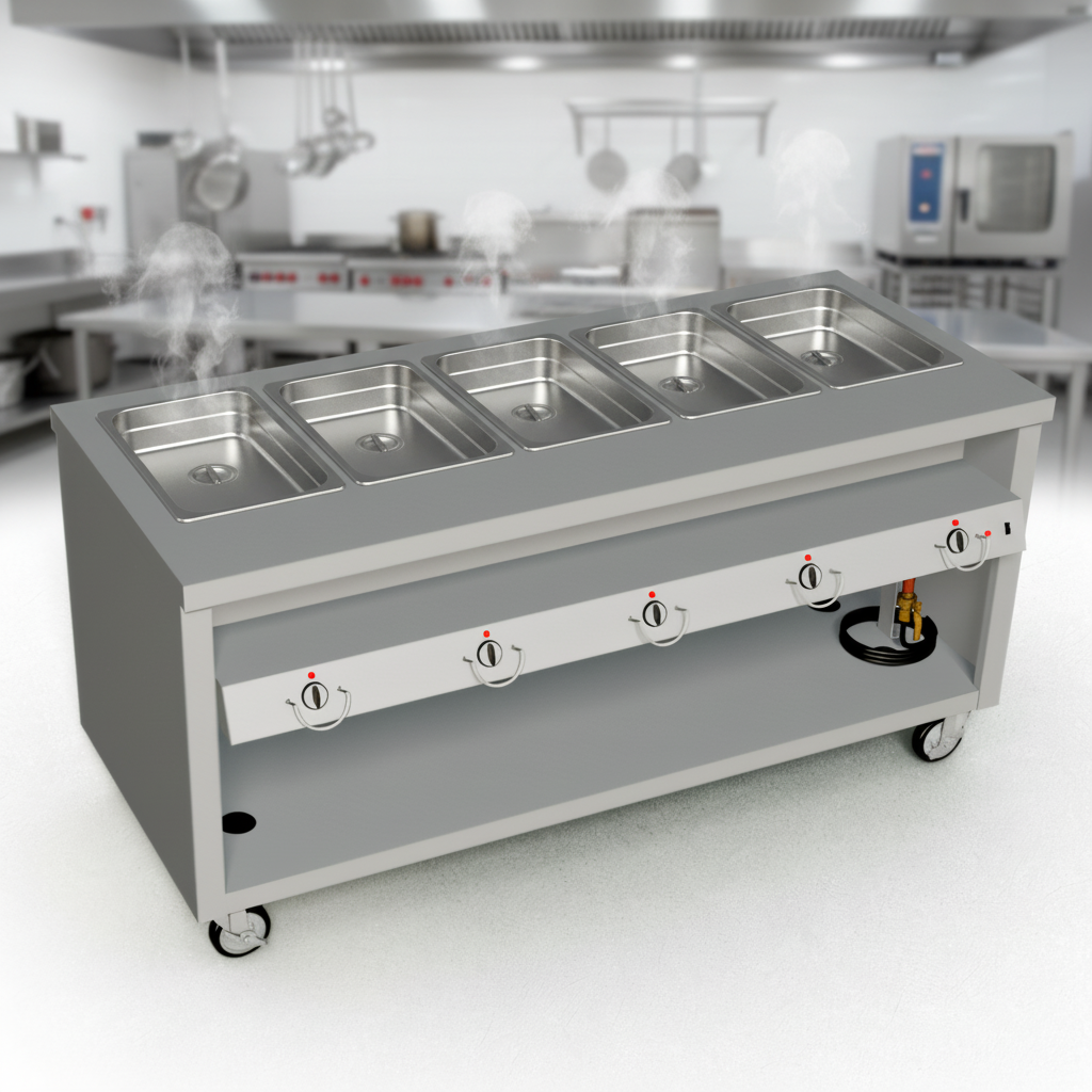 Showcasing its exceptional capacity, this mobile hot food unit features five individual, seamless stainless steel wells designed for optimal food temperature maintenance.