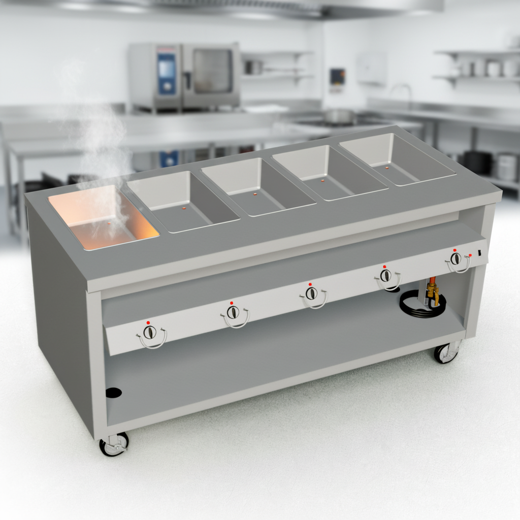 This image highlights the hot food unit's independent temperature controls, allowing precise heat management for each of its five sealed wells.