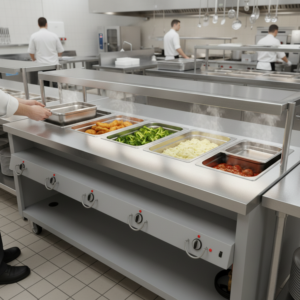 This image showcases the hot food unit's durable, corrosion-resistant 16 gauge stainless steel top with precisely die-stamped pan openings, designed for heavy-duty commercial use.