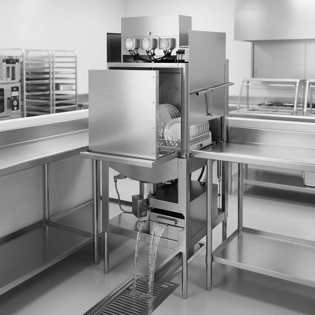 This image highlights the dishwasher's efficient 'Low-Energy Dump and Fill' design, showcasing its rapid, low-temperature water cycling that significantly reduces heating costs.