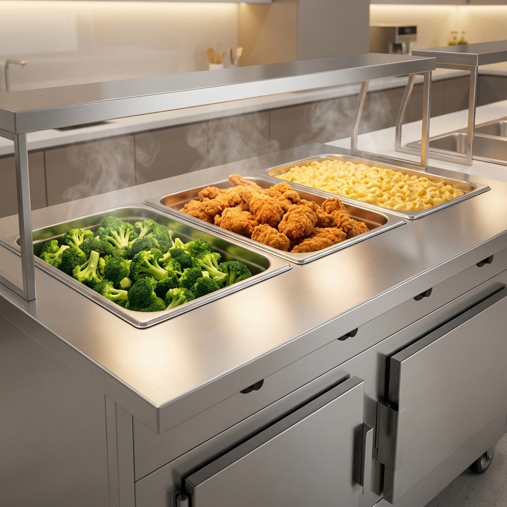 This mobile hot food serving counter prominently displays its three hot food wells, ideal for serving a versatile selection of menu items.