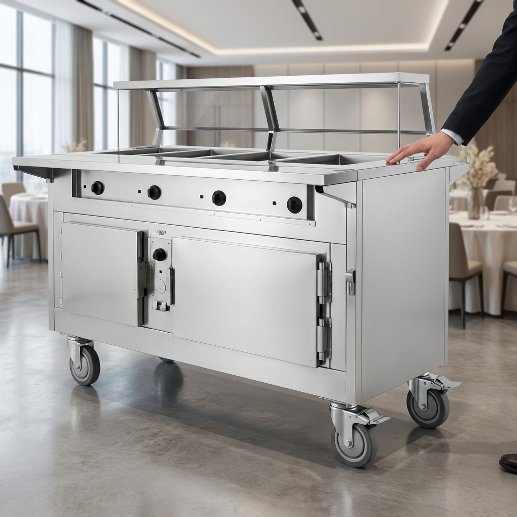 Experience ultimate flexibility with this hot food serving counter's mobile modular design, featuring secure 5-inch swivel casters with brakes for effortless positioning.
