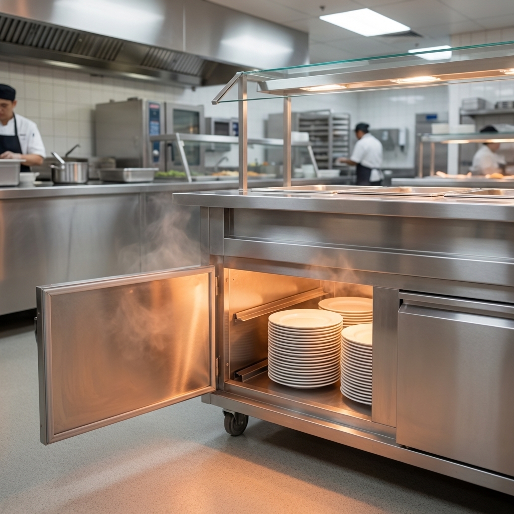 The mobile hot food serving counter features an enclosed heated base with pan slides, ideal for keeping extra food pans or plates warm.