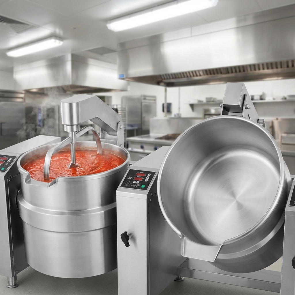 Maximize kitchen efficiency with the innovative twin kettle design, enabling simultaneous preparation of diverse products.