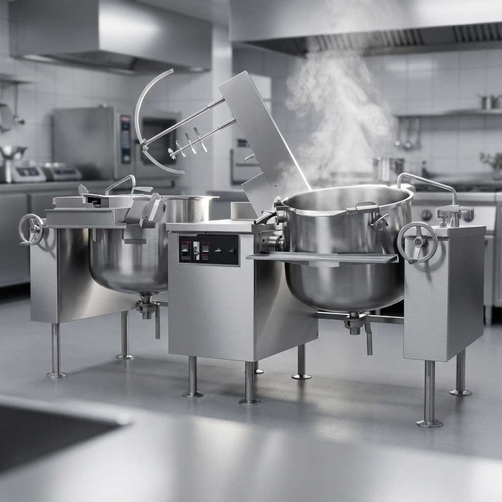 Experience rapid heating and consistent cooking with the powerful direct steam operation of the Crown DLTM-100-2 tilting mixer kettle.