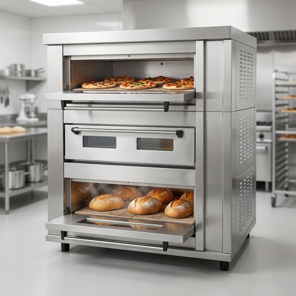 This image showcases the oven's double deck design, maximizing baking capacity for diverse products simultaneously.