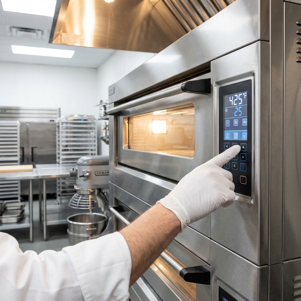 Effortlessly manage precise temperatures and consistent baking cycles with the intuitive digital controls of this powerful double-deck oven.