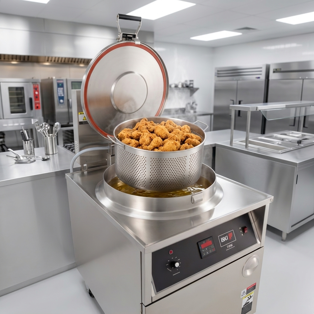 Showcasing its exceptional X-Large Volume Capacity, this image highlights the BKI FKM-FC pressure fryer handling a substantial batch of fried chicken.