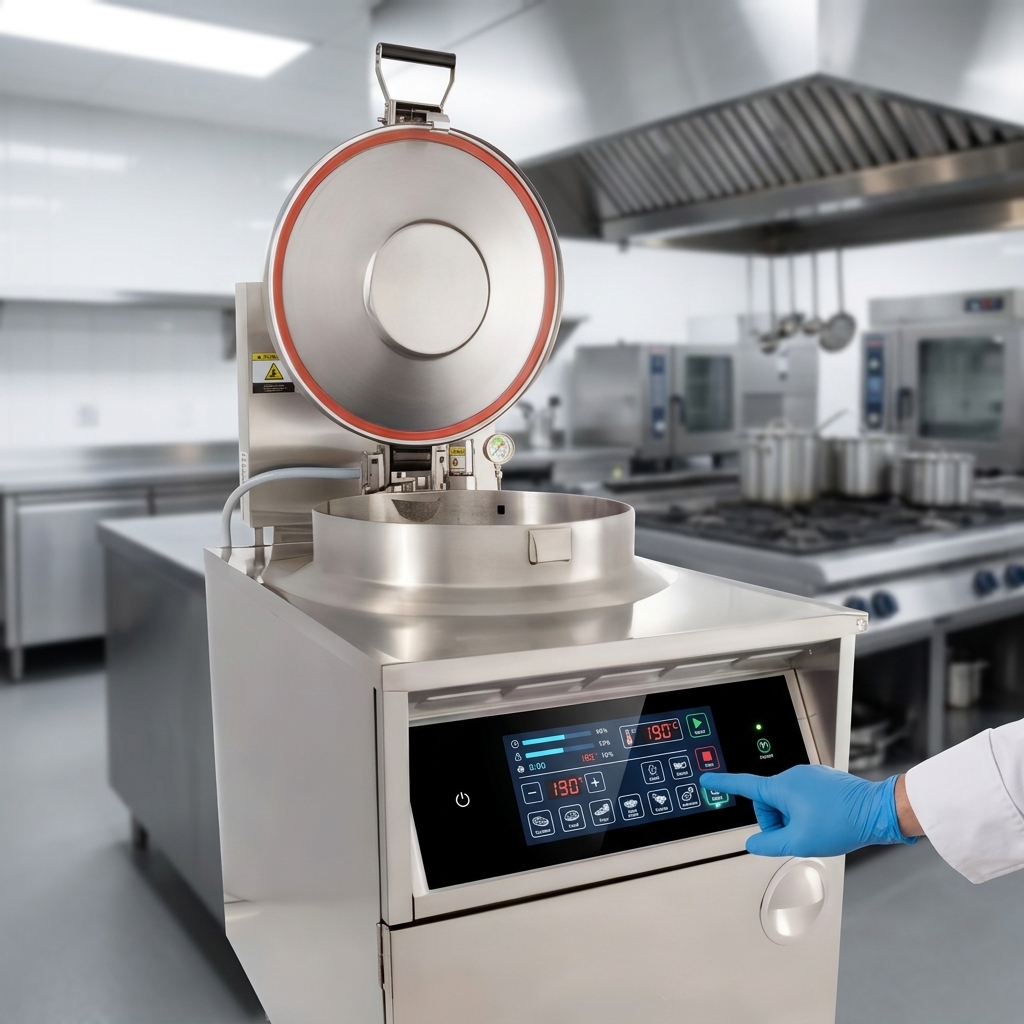 Experience effortless operation and consistent cooking with the intuitive, microprocessor-controlled touchpad of the BKI FKM-FC pressure fryer.