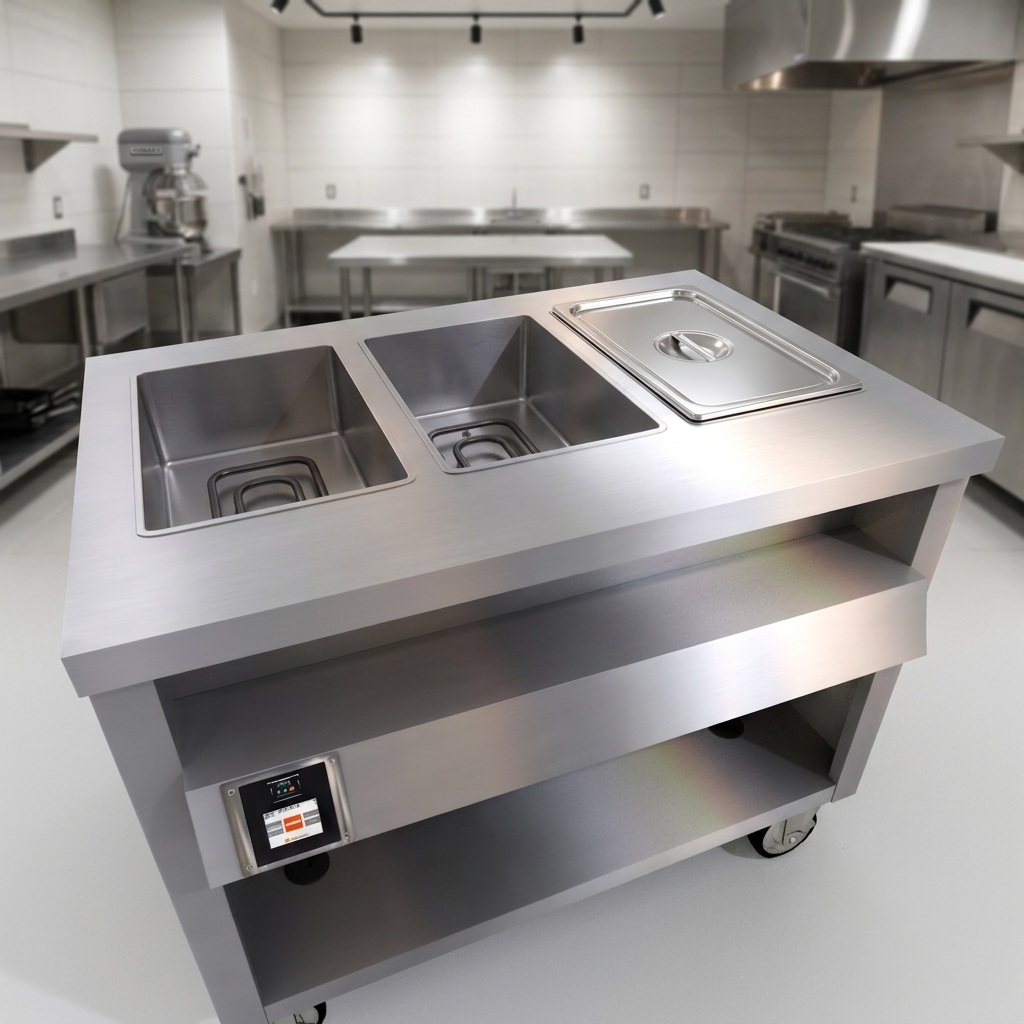 Experience the superior durability and seamless design of this food warmer's robust 16-gauge stainless steel top, built for continuous commercial use.