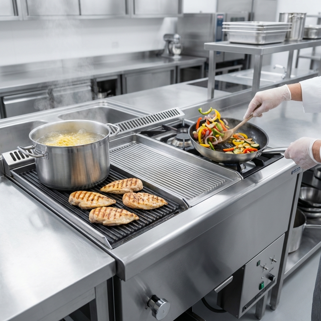 This multi-function gas cooker effortlessly handles boiling, grilling, and frying simultaneously, offering unparalleled versatility for any menu.