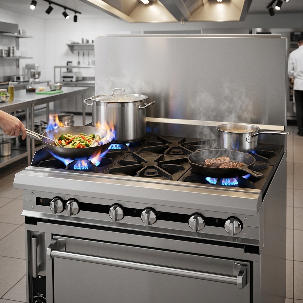 Experience efficient multi-tasking with the Titan Gas Range's four high-BTU open burners, shown actively cooking multiple dishes simultaneously.