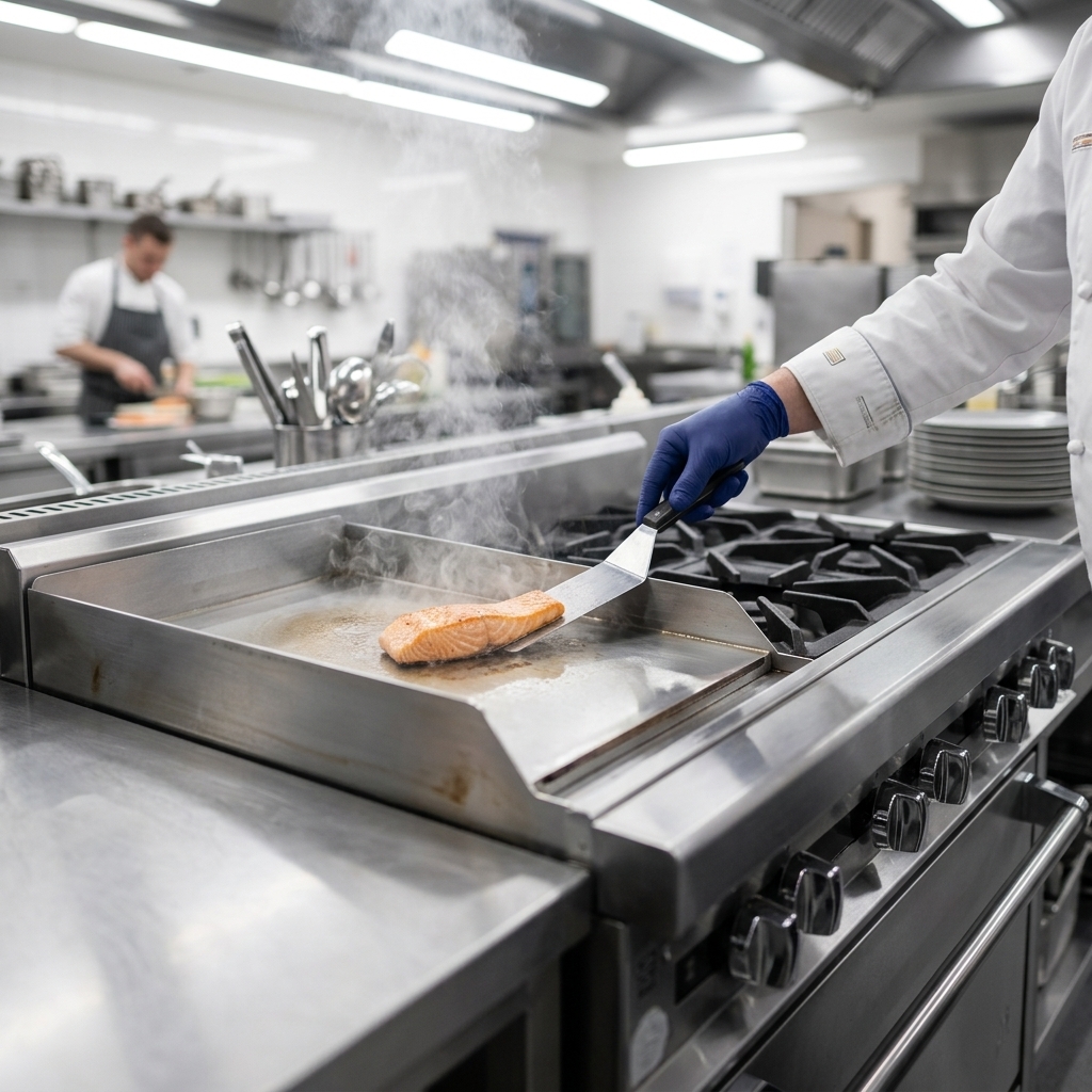Showcasing the durable 12-inch griddle with its 1-inch thick polished steel plate, perfect for diverse commercial cooking needs.