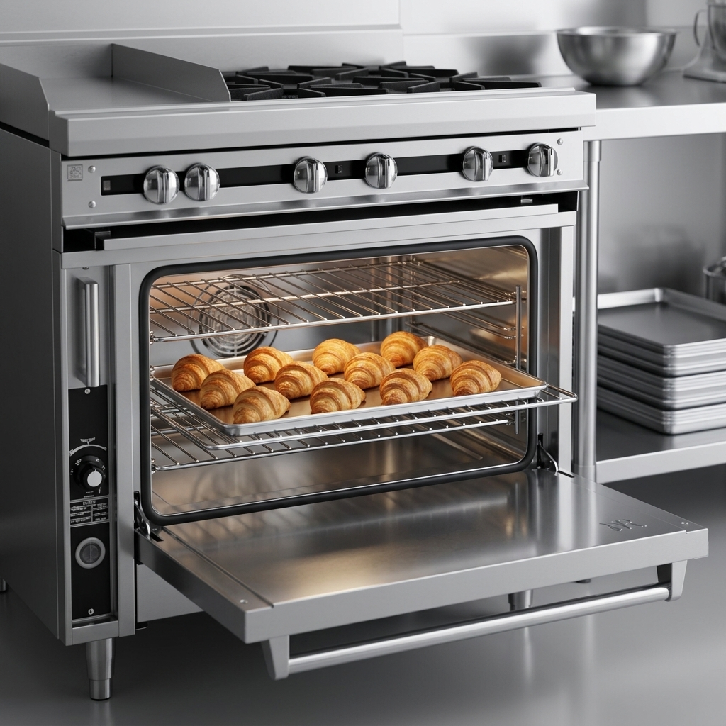 Experience superior baking and roasting with the spacious convection oven base, featuring a gleaming stainless steel interior and two chrome-plated racks for even heat distribution.