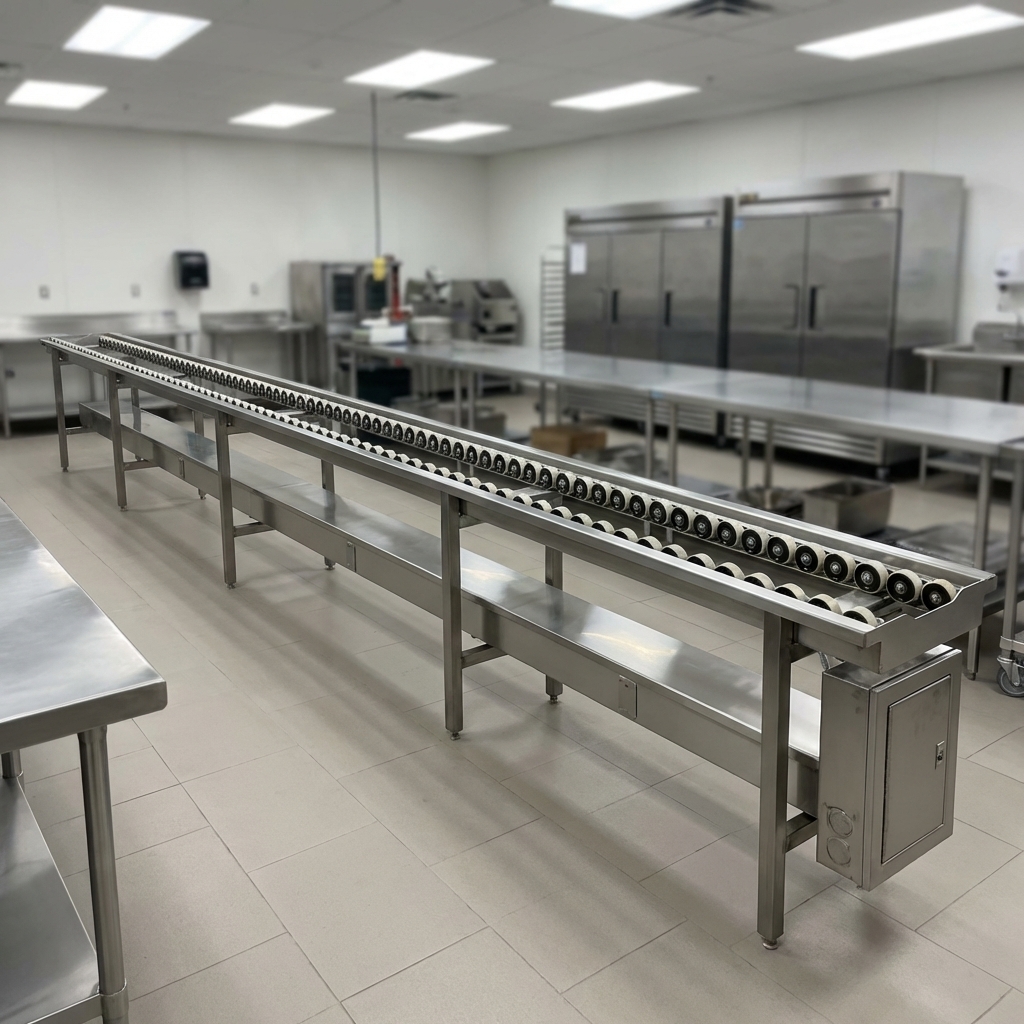 This image highlights the Dinex 14-foot tray make-up conveyor's robust stainless steel construction, engineered for exceptional durability in demanding commercial environments.