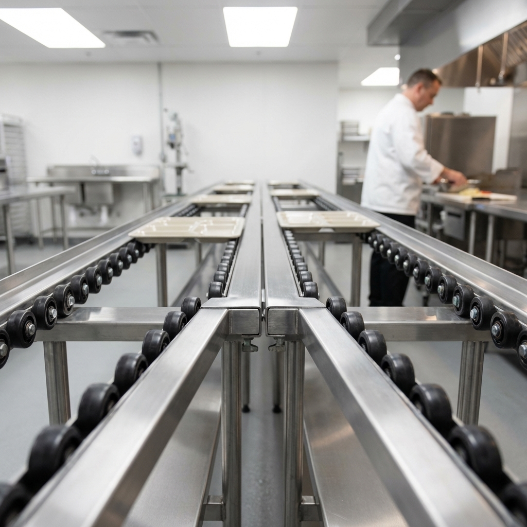 This image demonstrates how easily modular conveyor sections connect to create a custom tray make-up line.
