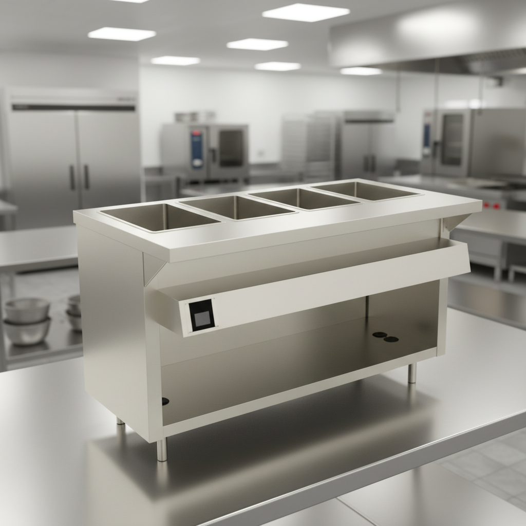 This image beautifully displays the Thurmaduke EW-4-DLSS food warmer's four sealed, waterless wells, offering efficient temperature holding without the need for constant refilling.