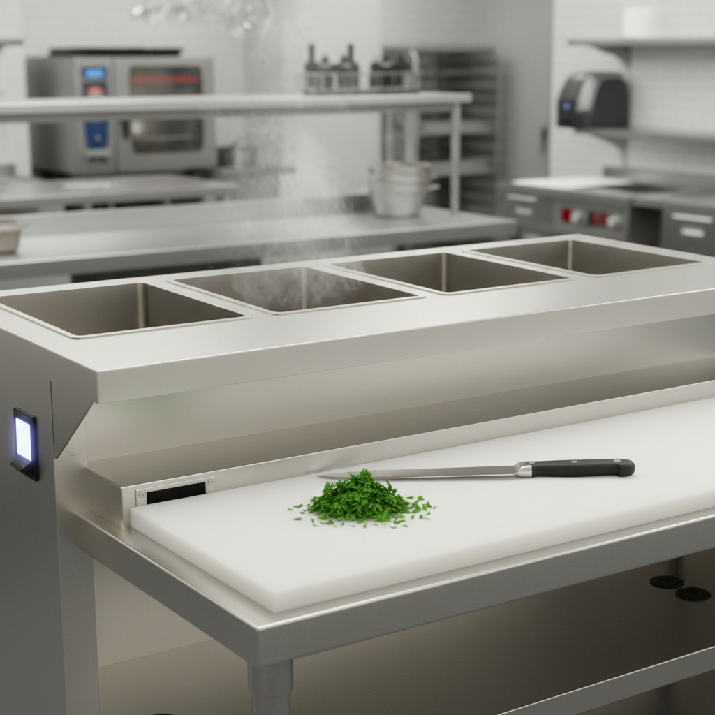 Experience streamlined kitchen workflow with the Thurmaduke EW-4-DLSS food warmer, featuring a convenient and hygienic integral stainless steel cutting board.
