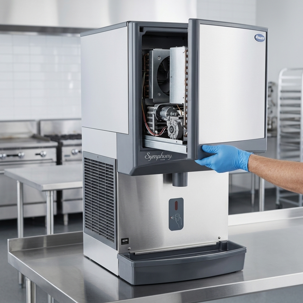 Experience simplified maintenance with the Symphony Plus ice dispenser featuring an easily removable air-cooled icemaker for quick servicing.