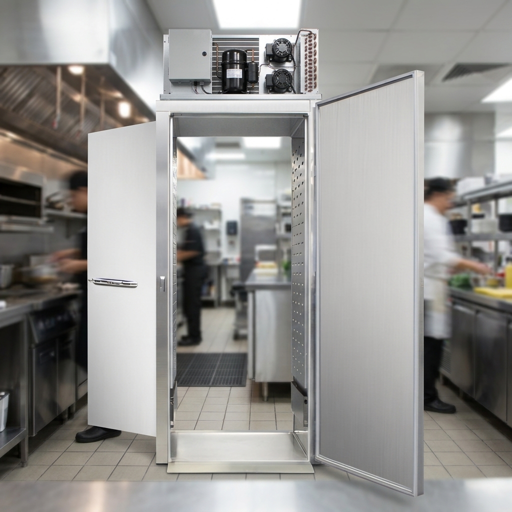 See the powerful, self-contained refrigeration system conveniently located on top of the freezer, ensuring easy maintenance and optimal food preservation.