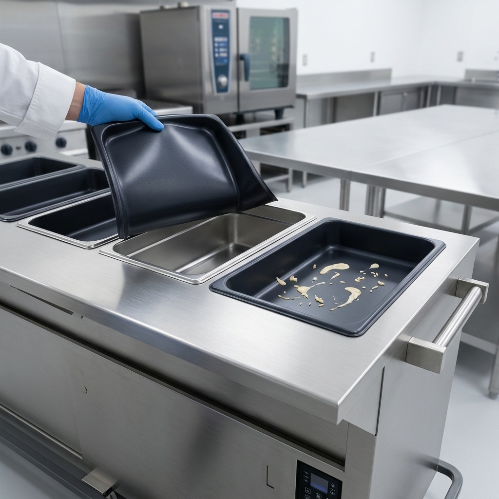 See how the steamtable's removable non-stick liners simplify cleaning and maintenance in a commercial kitchen.