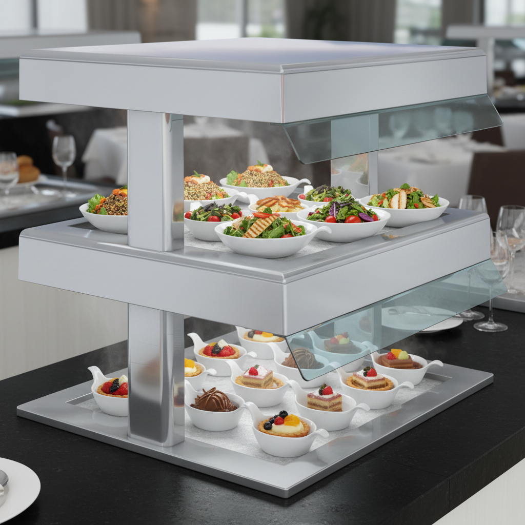 This 2-tier cold merchandiser elegantly displays pre-plated and pre-portioned foods, perfect for any organized buffet or deli.