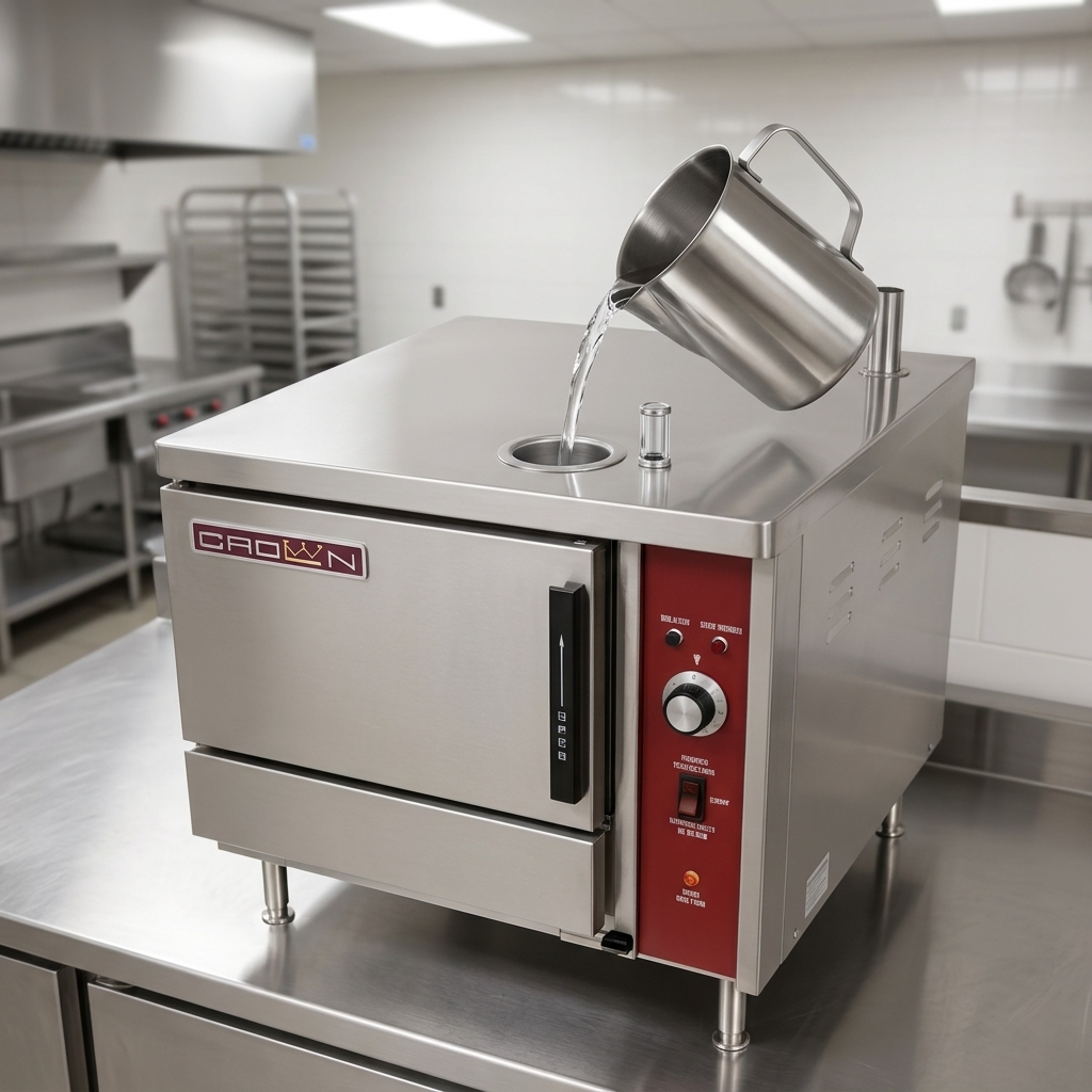 This image highlights the Crown EPX-5 steamer's convenient boilerless operation, allowing for easy manual filling and flexible placement without a direct water line.