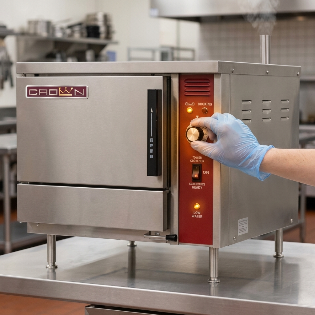 Easily manage cooking cycles with this steamer's precise electromechanical controls, including a 60-minute timer and clear indicator lights.