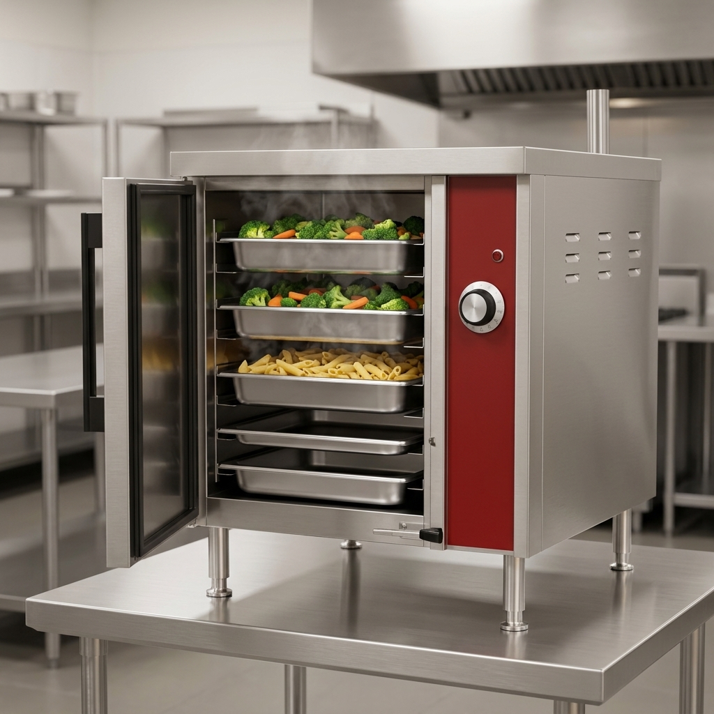 Experience peak efficiency with this steamer's high capacity, capable of holding five full-size pans for diverse cooking demands.