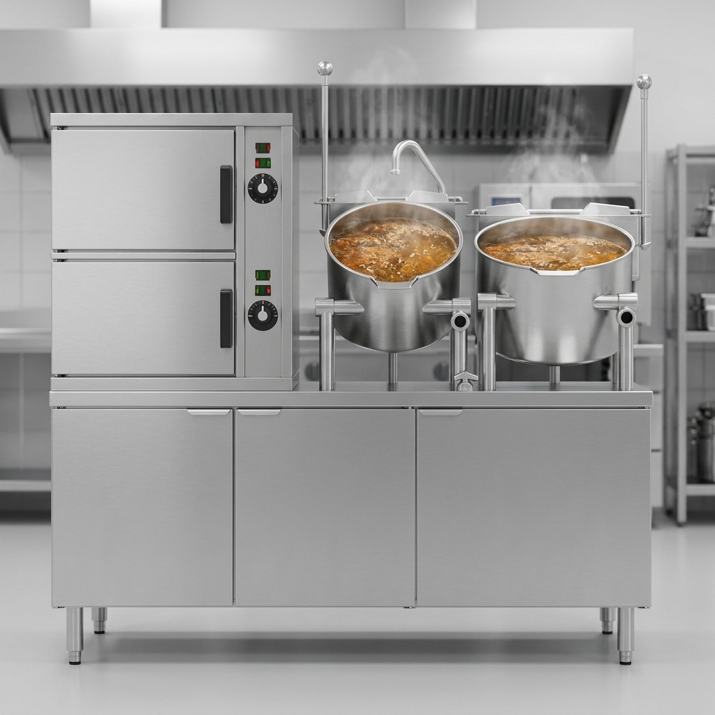 This image highlights the versatile integrated 6-gallon and 10-gallon kettles, perfect for simmering, boiling, or braising alongside your steaming operations.