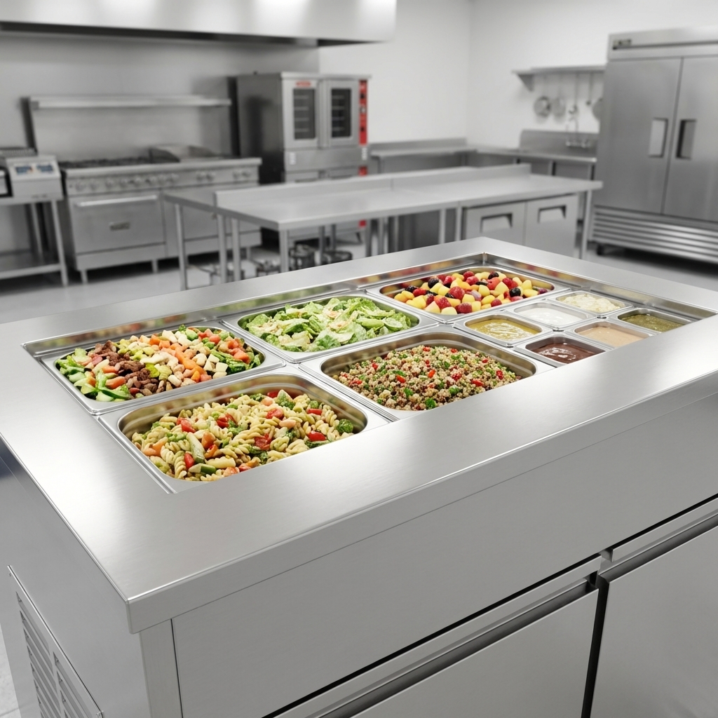 Experience the exceptional durability and practical design of this cold food unit's heavy-duty 16 gauge, type 304 stainless steel top, perfect for any busy commercial setting.