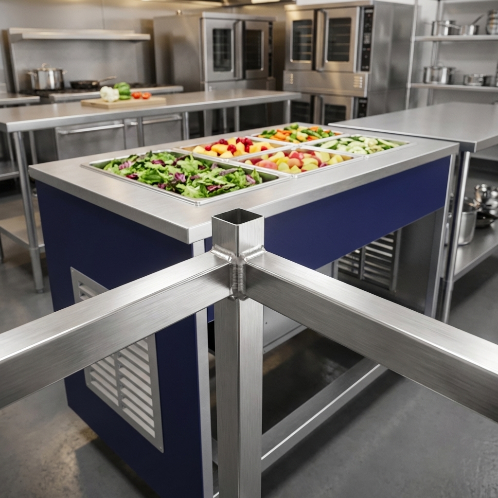 This image highlights the Atlas Metal cold food unit's robust frame construction, built from polished, welded stainless steel square tubing for exceptional durability.