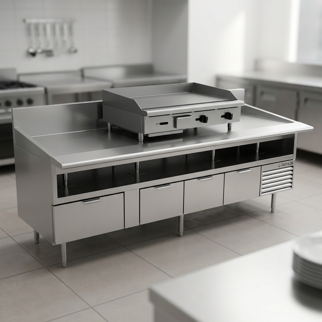 This image highlights the heavy-duty stainless steel equipment shelf, featuring a marine front edge designed for spill containment and stable appliance support.