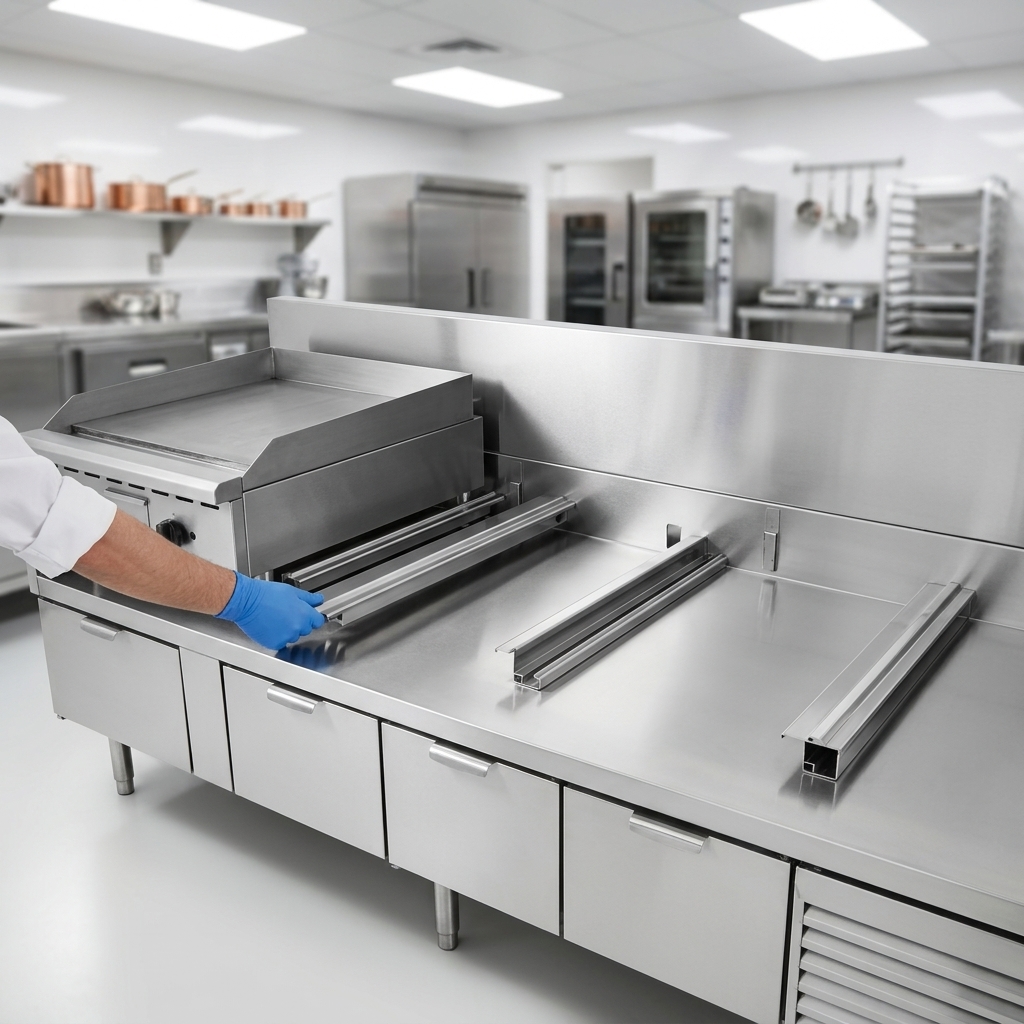 Experience ultimate flexibility and easy maintenance with the removable equipment support rails designed to accommodate various countertop equipment.