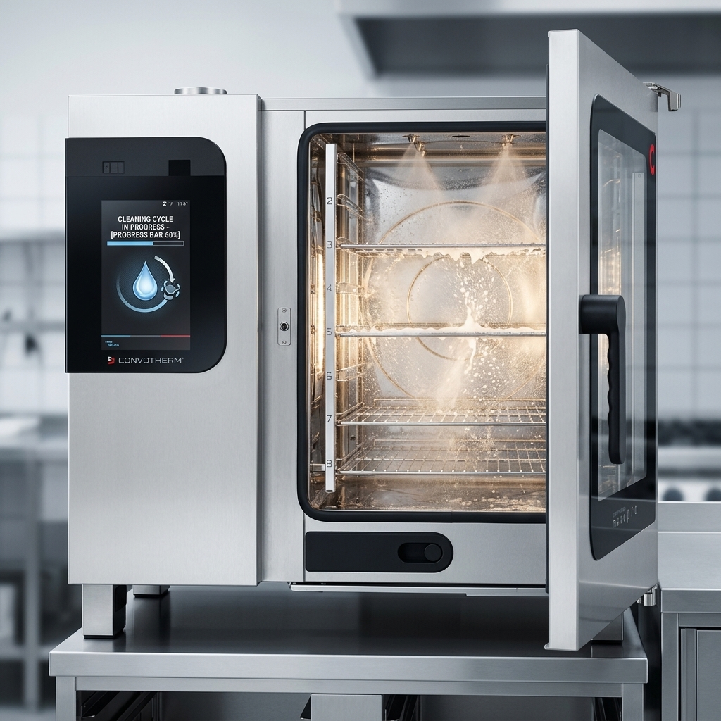 Witness the Convotherm Maxx Pro Combi Oven's ConvoClean+ system in action, automatically ensuring optimal hygiene with hands-free ease.