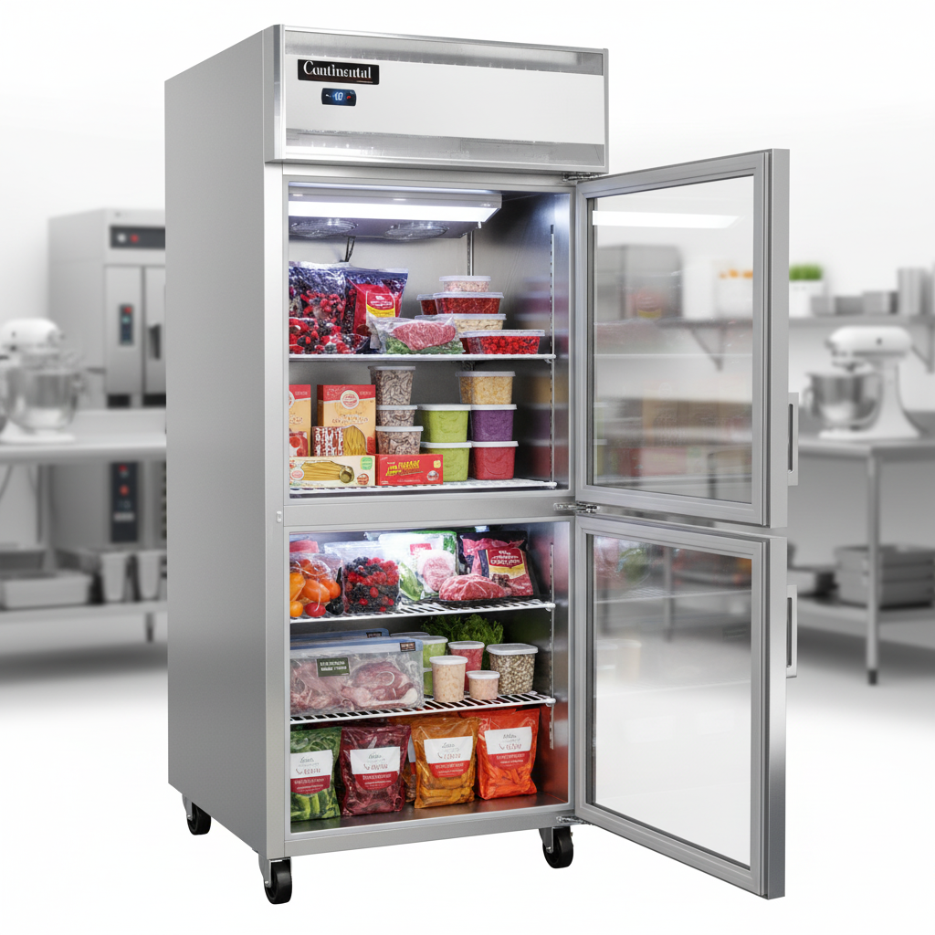 A professional kitchen features this extra-wide display reach-in freezer, symbolizing efficient and environmentally safe operation with natural refrigerant.