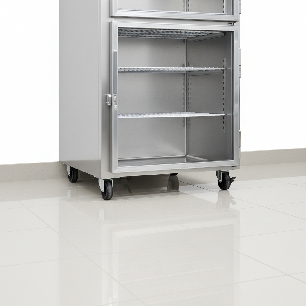 Observe the exceptionally clean, dry area around this freezer, demonstrating the efficiency of its automatic condensate evaporator for maintenance-free operation.