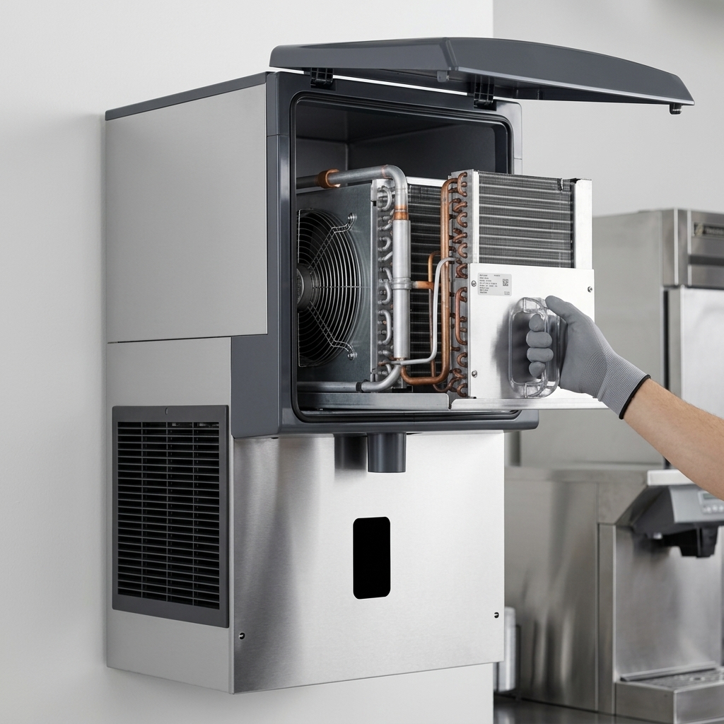 This image highlights the easily accessible and removable air-cooled icemaker, designed for hassle-free servicing and consistent ice production.
