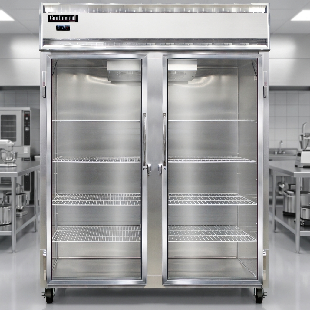 Experience simplified setup and maintenance with this 57-inch extra-wide reach-in glass door freezer, thanks to its integrated self-contained refrigeration system.