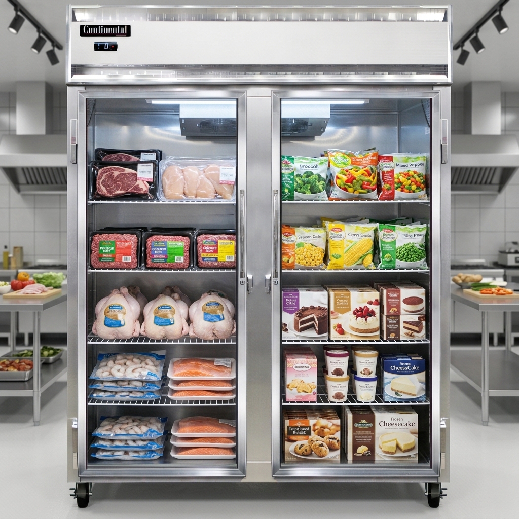 Clearly view your frozen inventory through the freezer's expansive, self-closing glass display doors, designed for optimal visibility and energy efficiency.