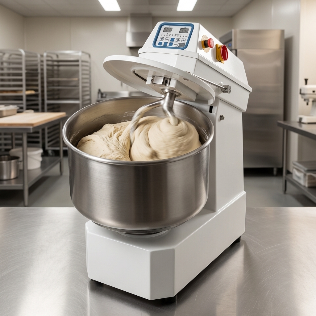 A heavy-duty spiral dough mixer shown working at two speeds for versatile dough mixing.