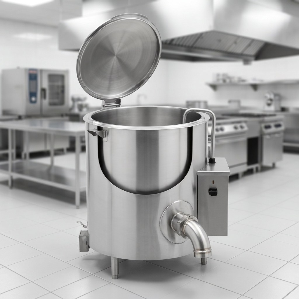 This image highlights the kettle's robust, hygienic system, featuring a seamless 304 stainless steel liner, an integrally formed radius lip, and a durable draw-off tube with strong welds.